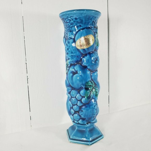 Vintage Inarco Pottery Blue Mood Indigo 8" Bud Vase E 3096 signed gold labels - Picture 3 of 11